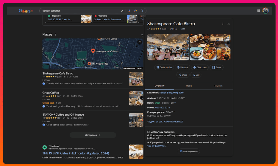 A screenshot of a Google Business Profile for an Edmonton cafe