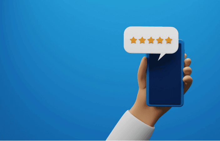 A graphic of a hand holding a smartphone with a five-star review coming out in a speech bubble