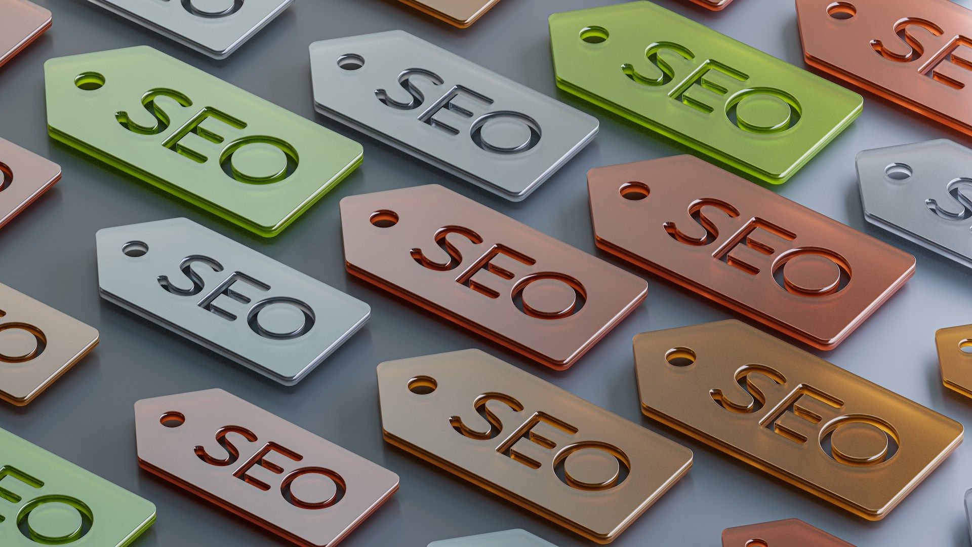 A graphic of lots of 3D rendered tags with the words “SEO” imprinted on the front