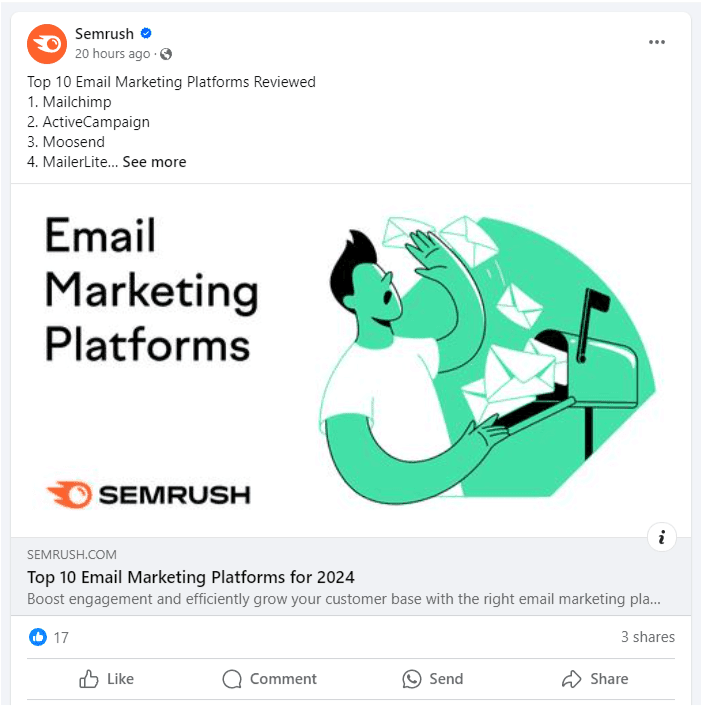 An example of a blog post shared on the SEMRush Facebook page that’s been optimized using Open Graph Tags.