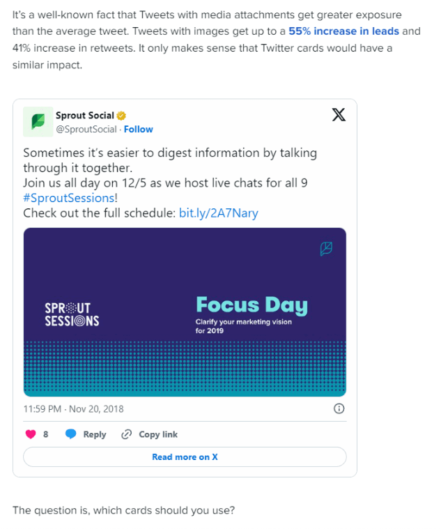 An example of a Twitter card embedding in a SproutSocial blog post