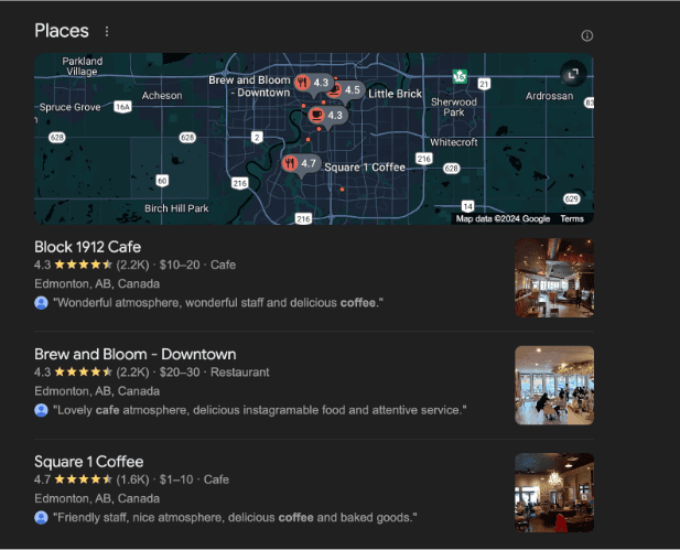 A screenshot of the Google Business Profile entries listed under the keyword “cafes in Edmonton”