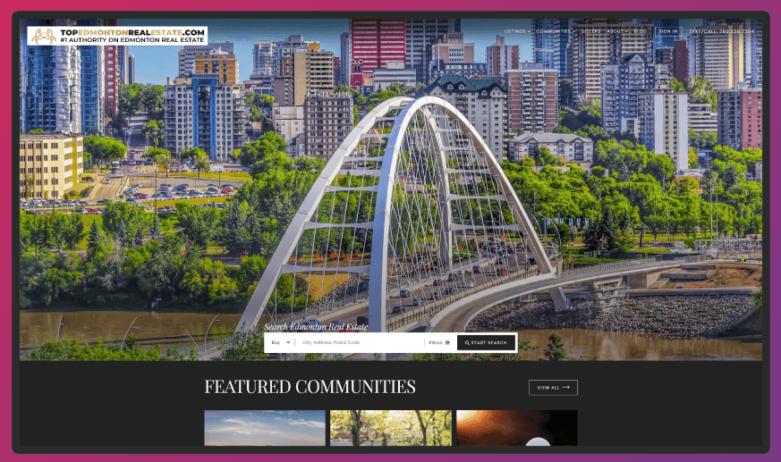 A screenshot of the Top Edmonton Real Estate homepage