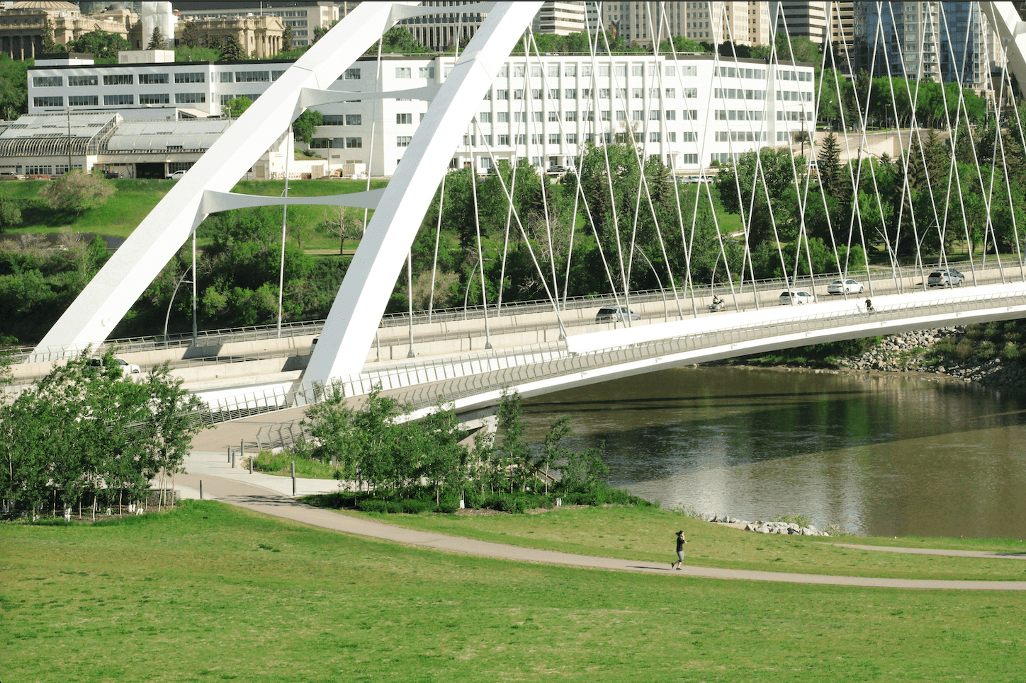 A pristine white bridge stretches across the scene, with lush green grass carpeting the foreground.