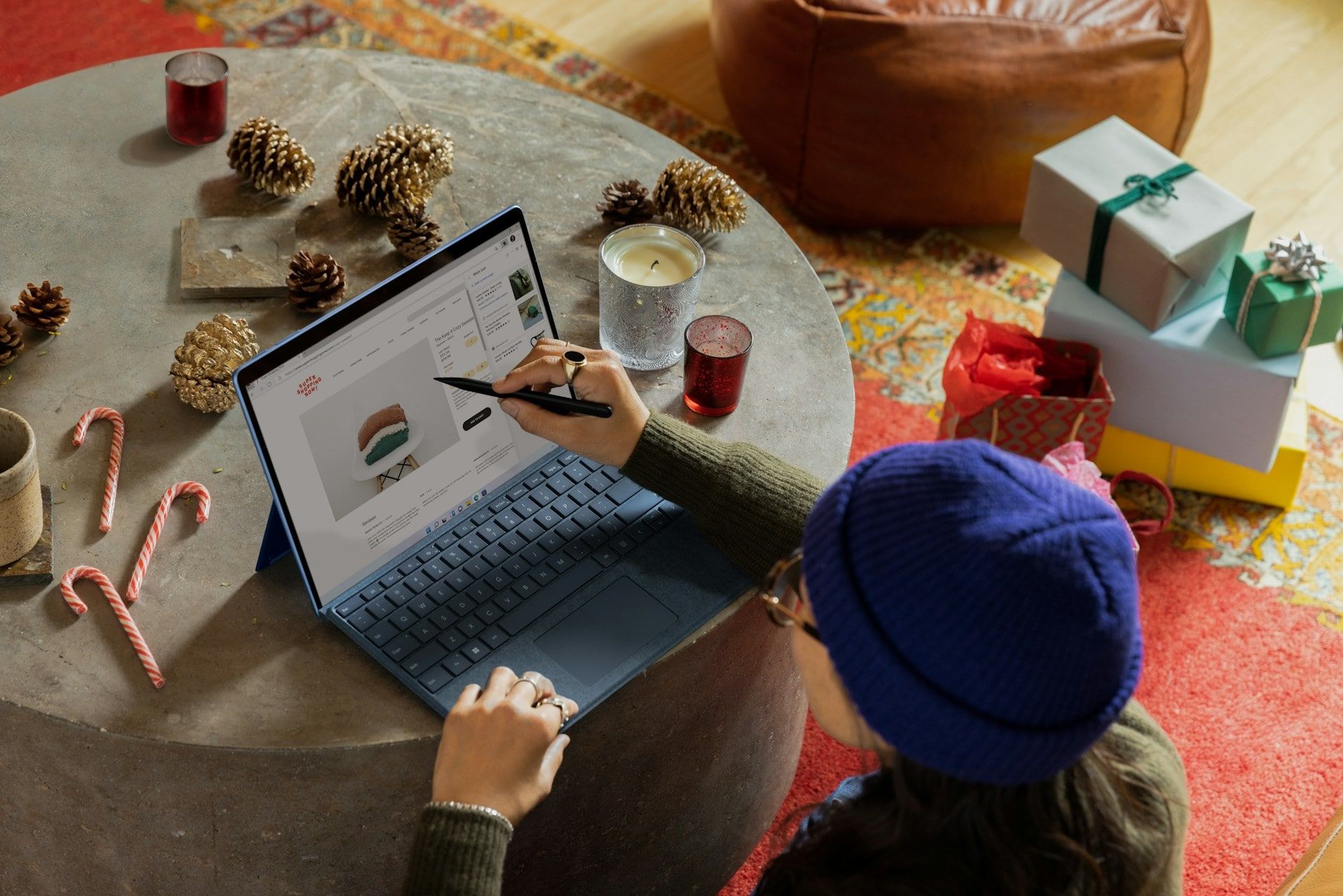 A top down view of someone shopping online via their laptop