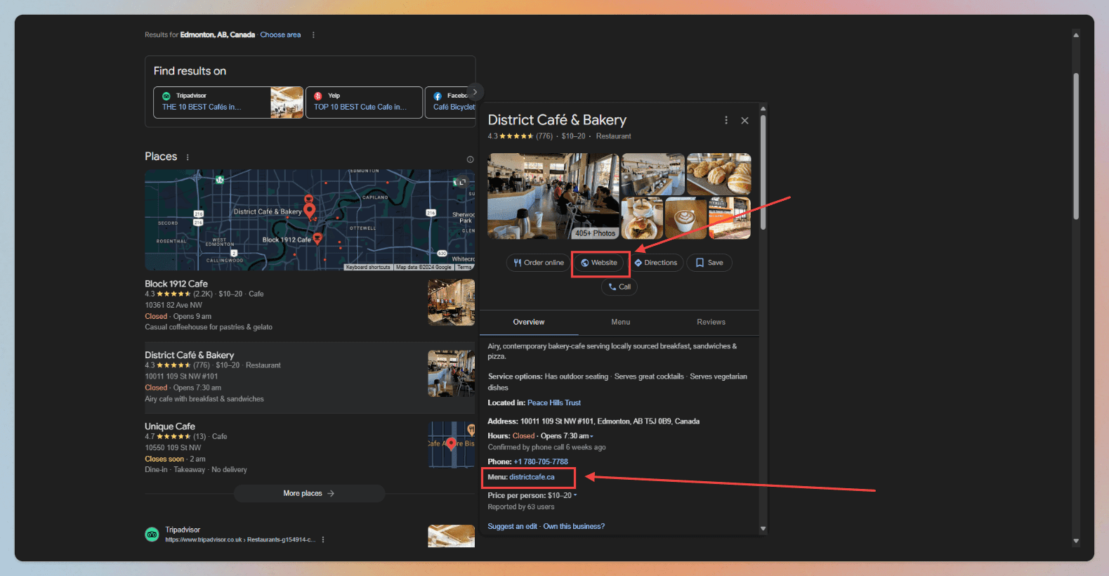 A screenshot of the top cafes in Edmonton with arrows pointing to website links