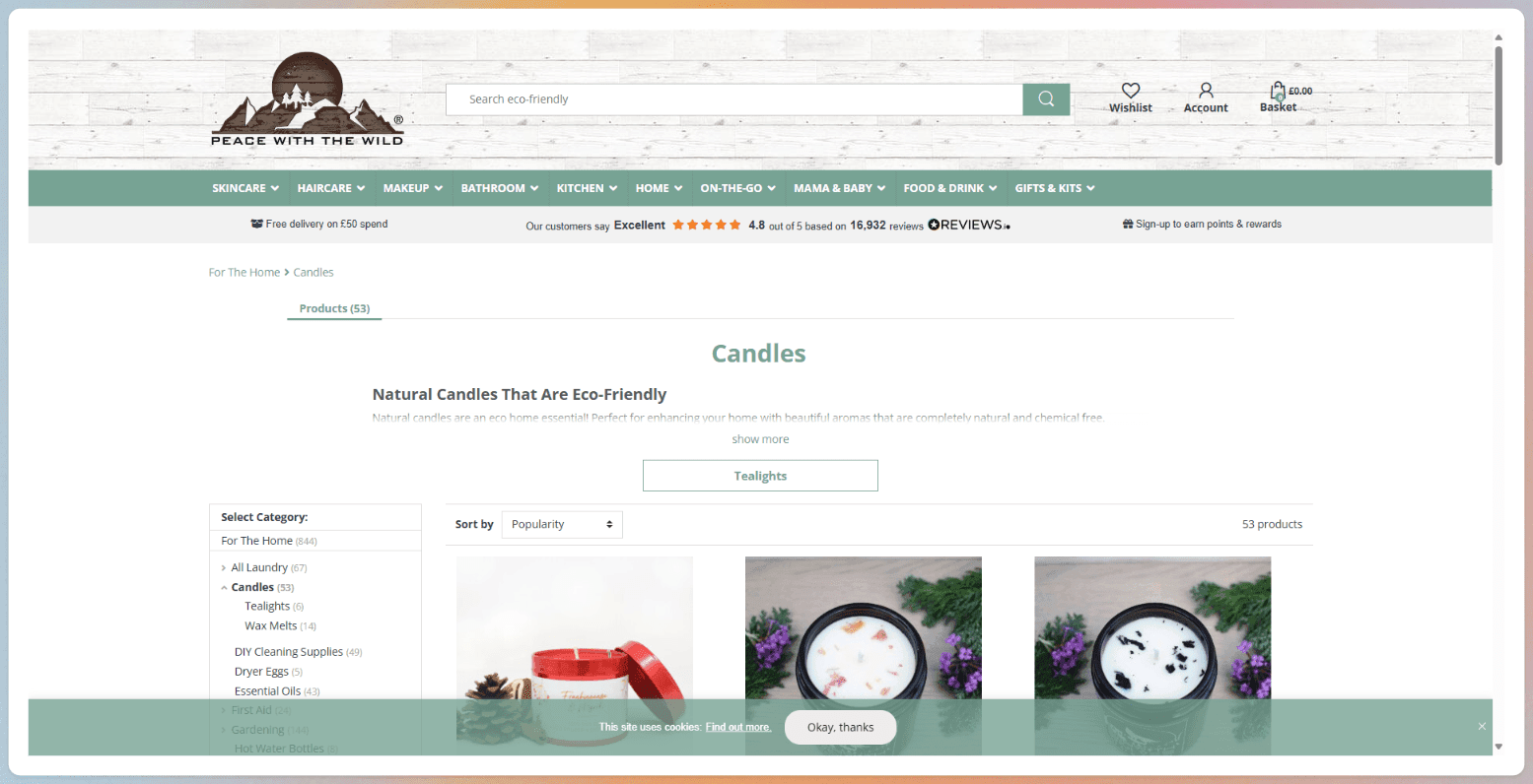 A screenshot of Peace with the Wild Candle website
