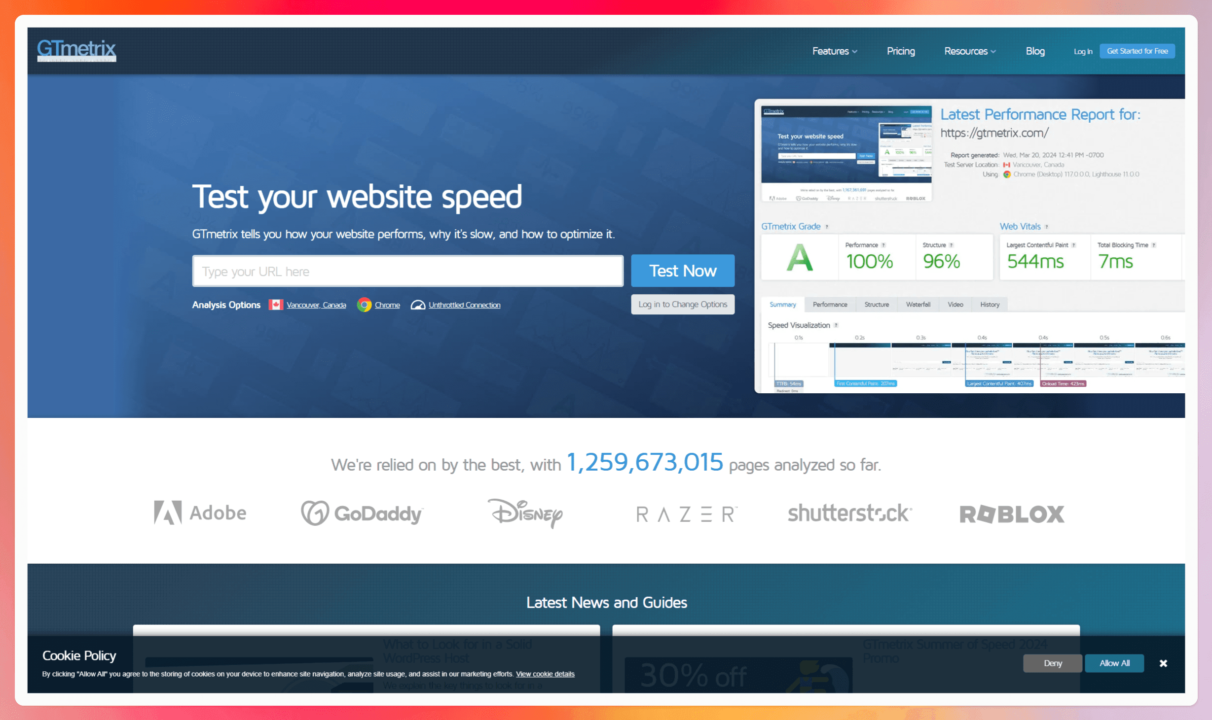 A screenshot of the GTmetrix website homepage