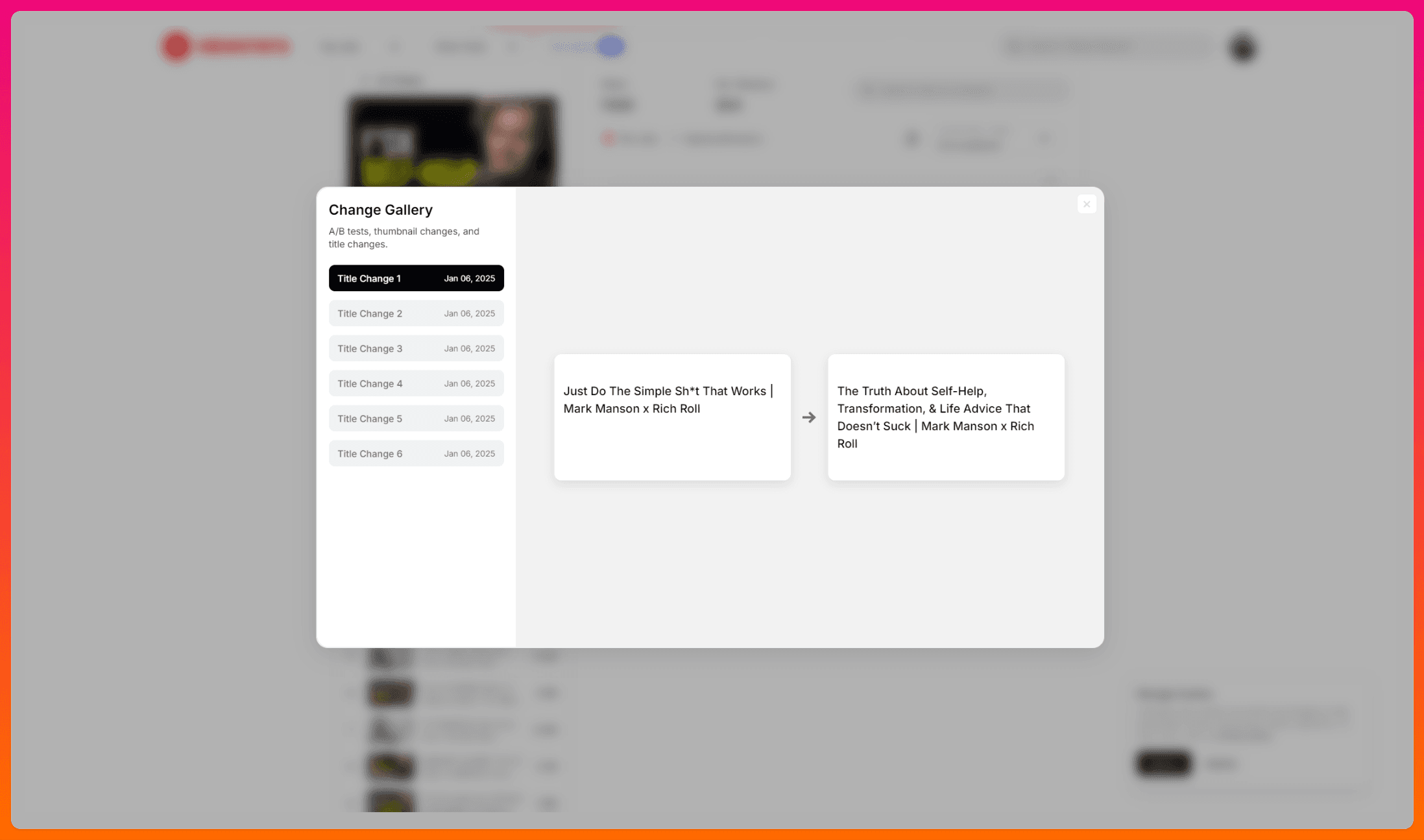 A screenshot of ViewStats Chrome Extension showing how many times a YouTube video title has been changed