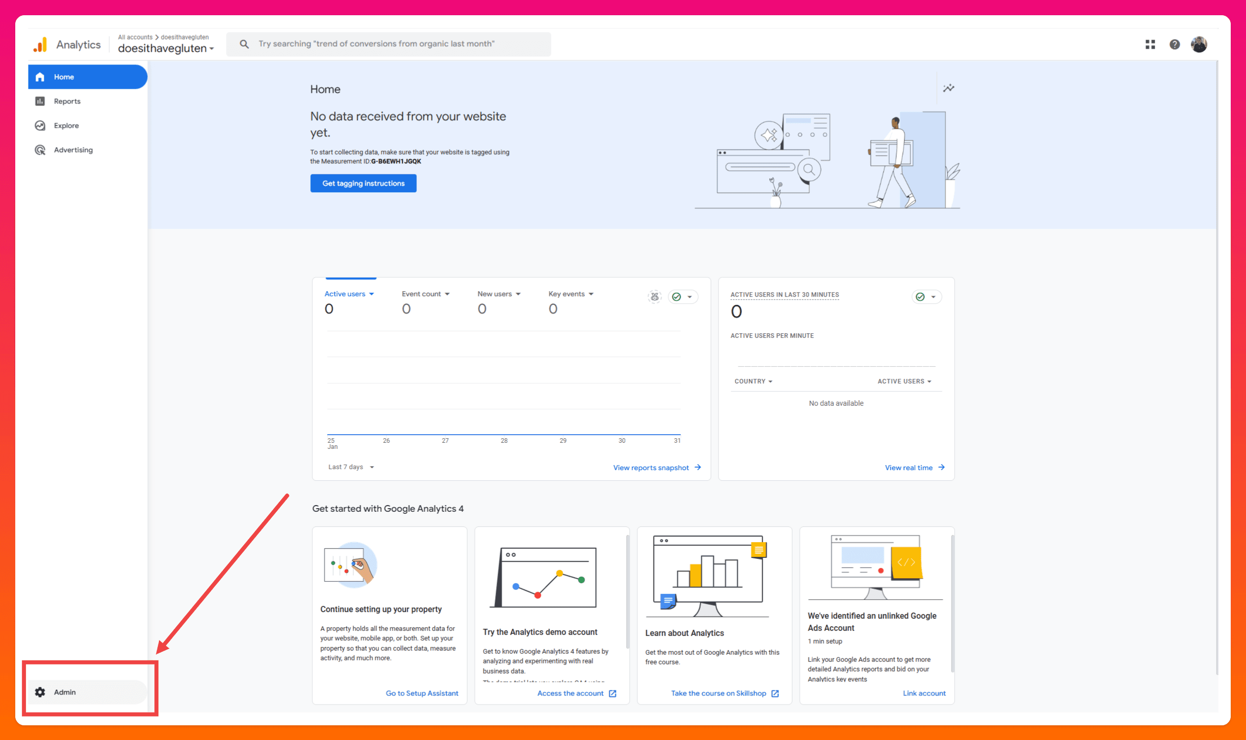 A screenshot of the Google Analytics 4 dashboard with a red arrow pointing to the Admin button