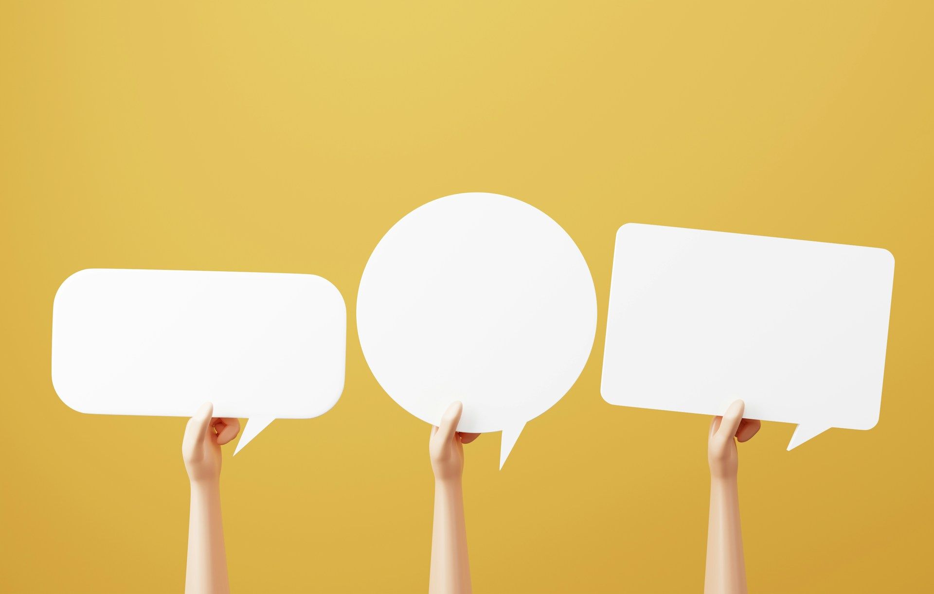 A graphic of three people holding up a different shaped speech bubble, representing live chat