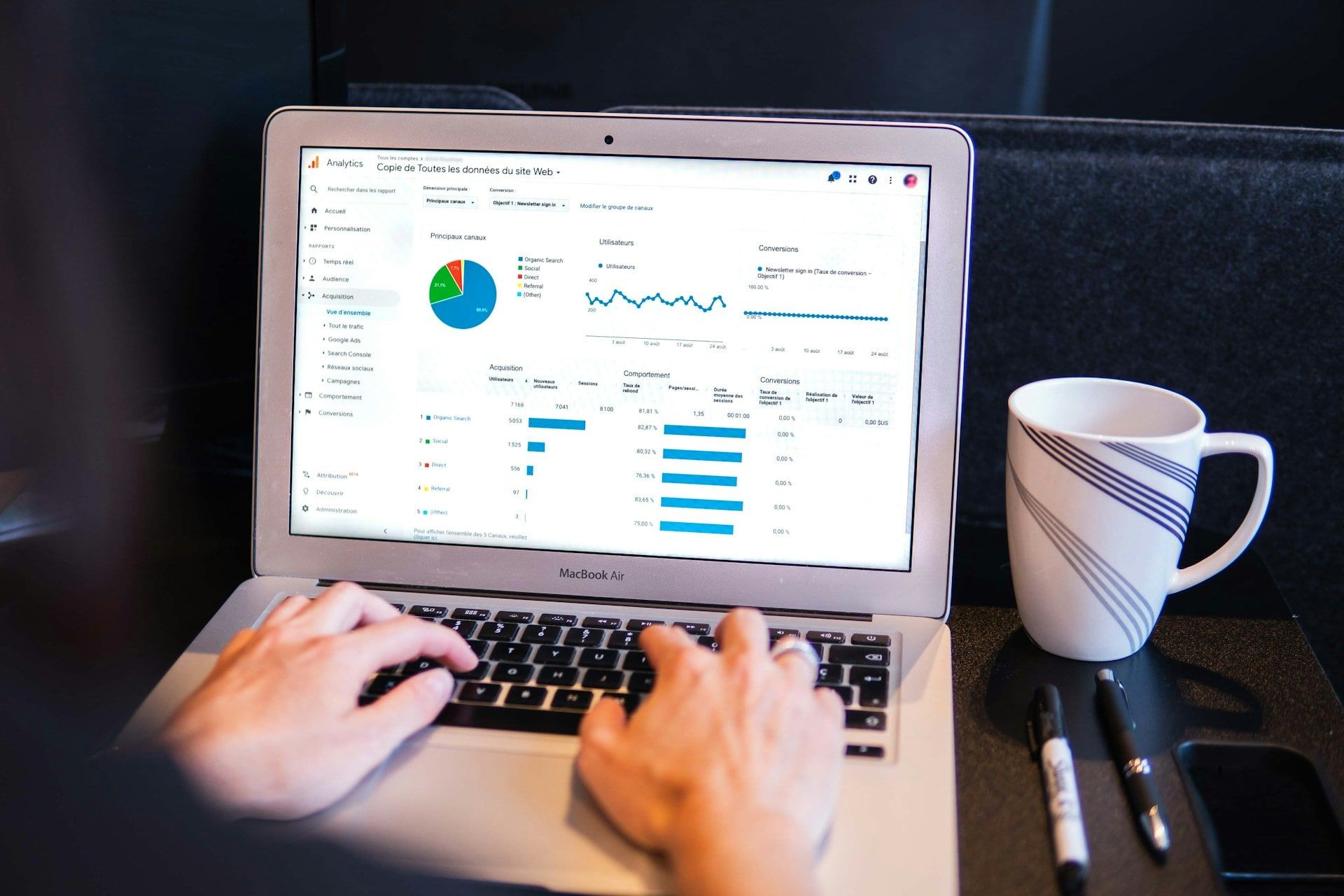 Someone using a laptop to look at their Google Analytics