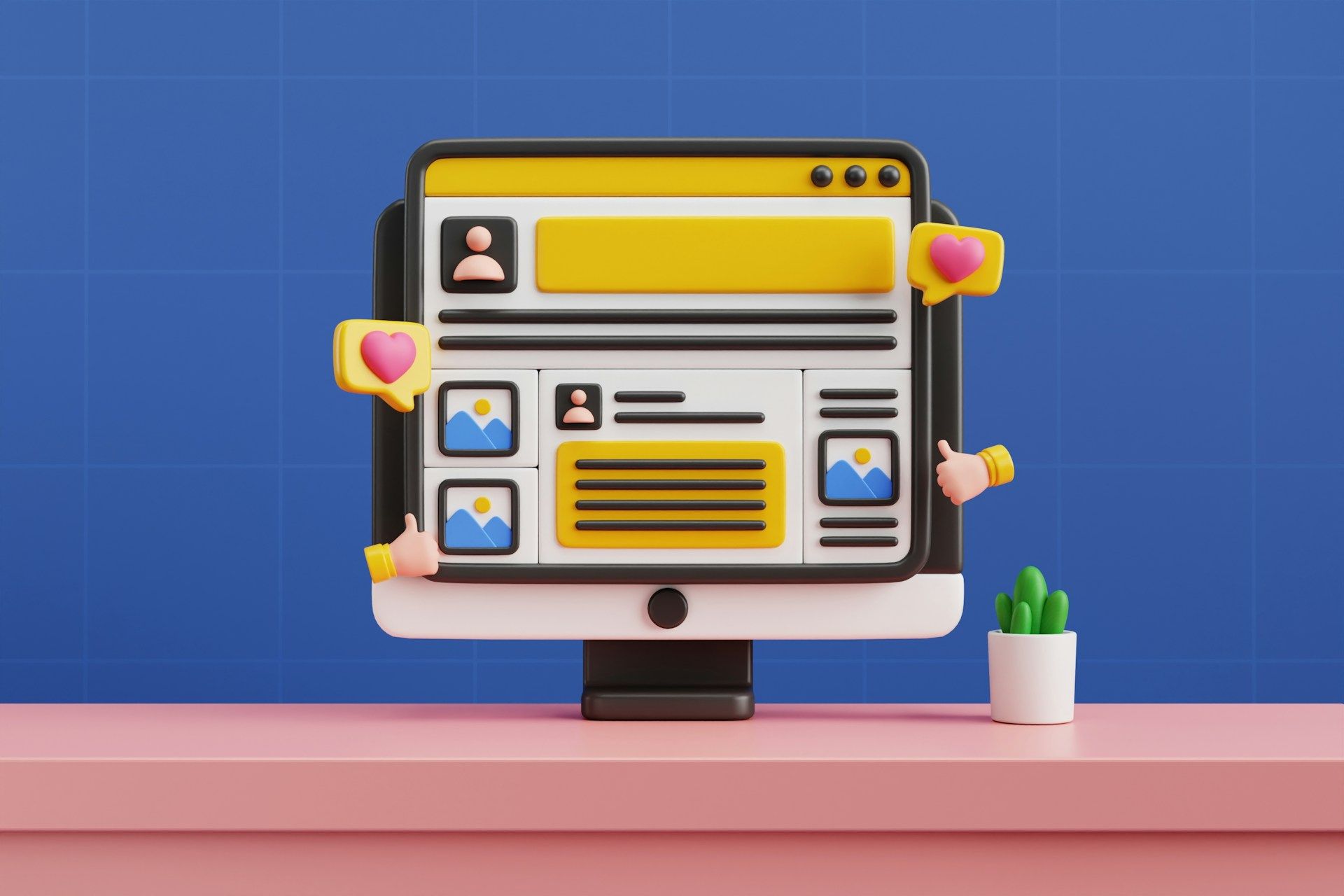 A vector graphic/illustration of a website on a computer monitor with lots of features coming out the edges of the screen